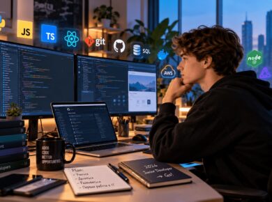 Начинающий разработчик за рабочим местом с кодом на мониторах и иконками Python, JavaScript, Git, SQL и AI-инструментов