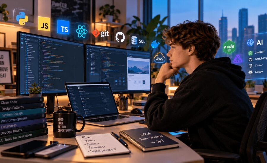 Начинающий разработчик за рабочим местом с кодом на мониторах и иконками Python, JavaScript, Git, SQL и AI-инструментов